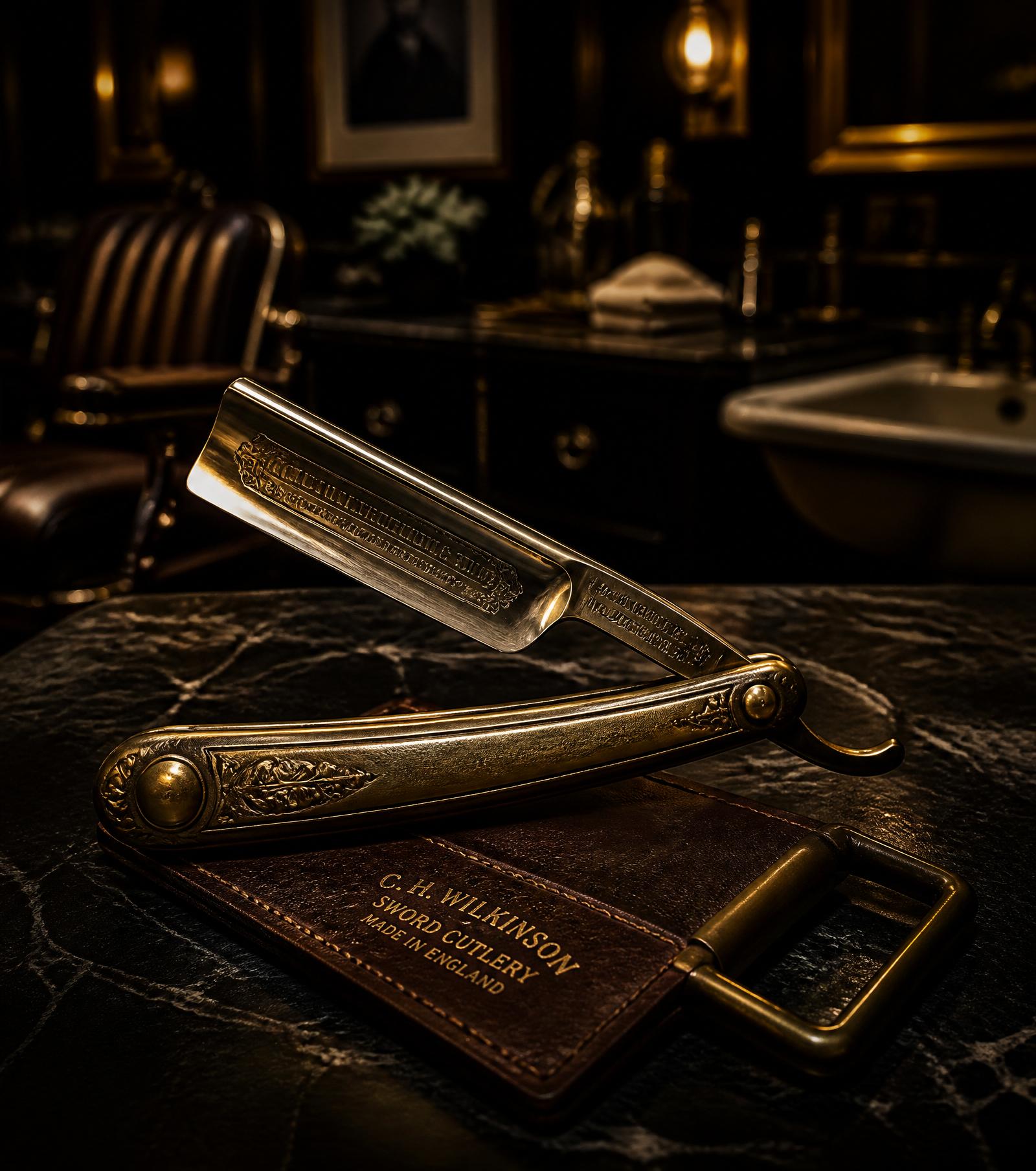 Luxury barber straight razor on dark marble